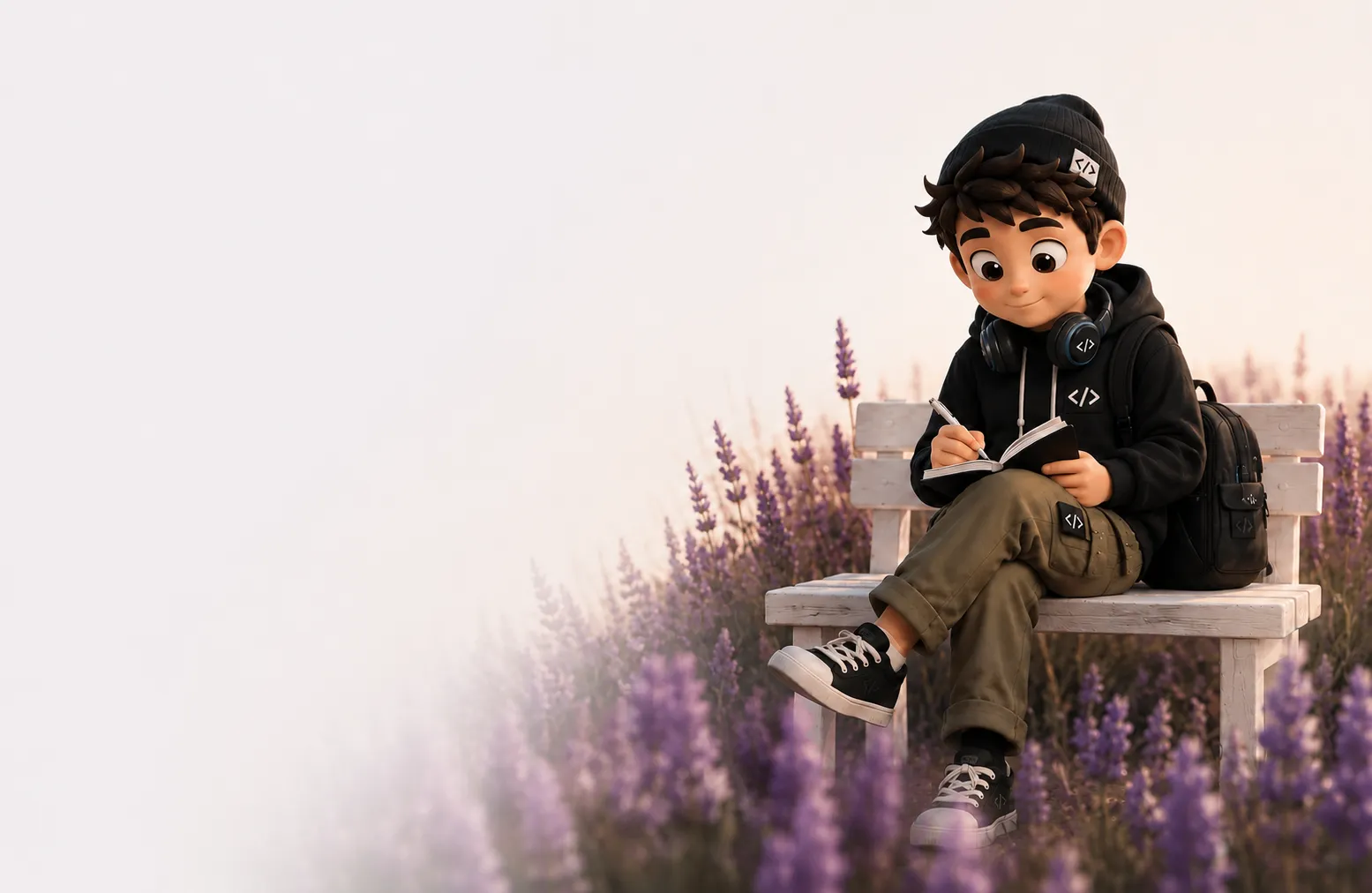 The Big 3 mascot sitting on a bench among lavender flowers