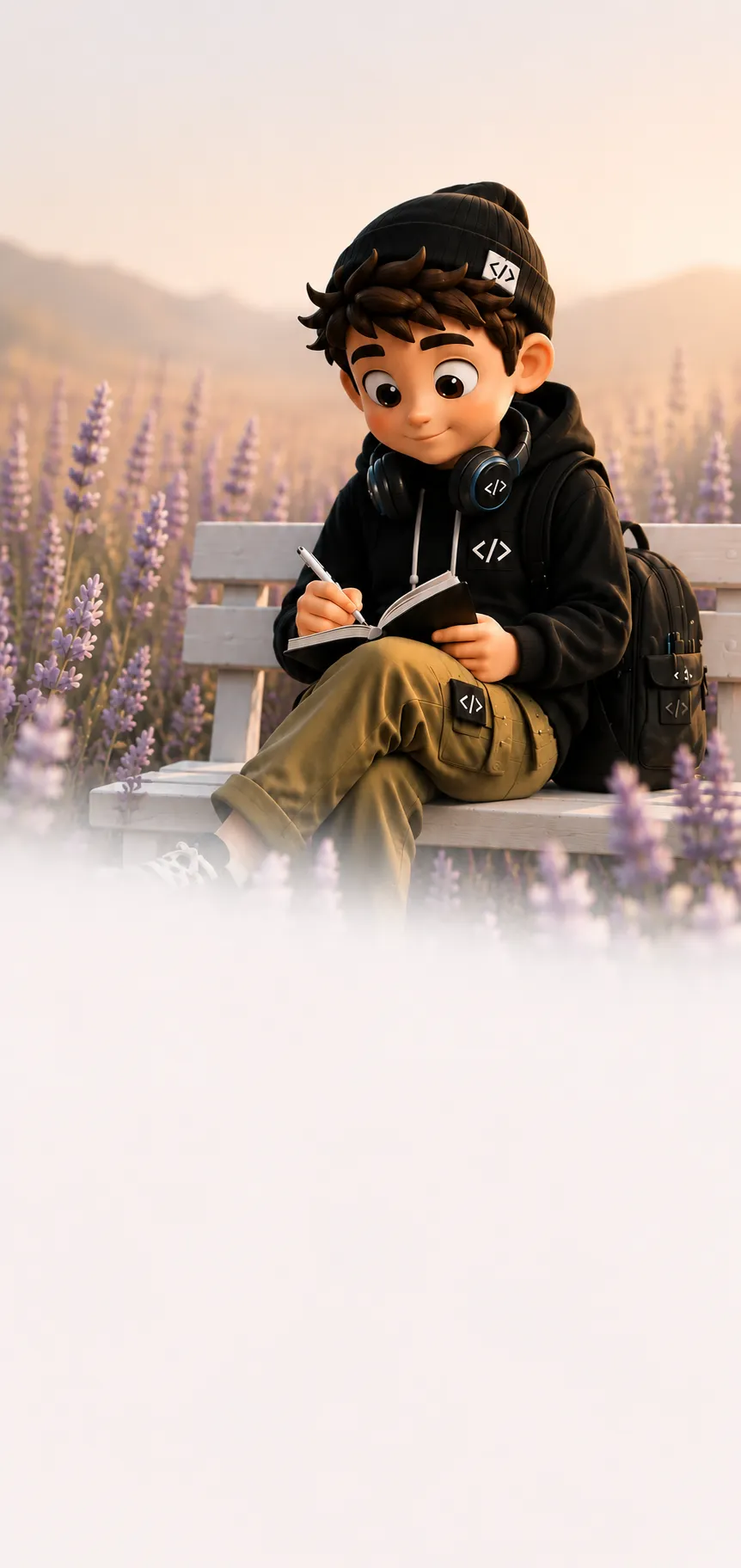 The Big 3 mascot sitting with a notebook among lavender flowers